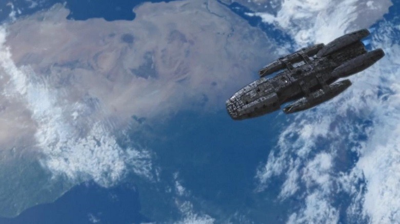 Battlestar Galactica's ship in orbit near Earth