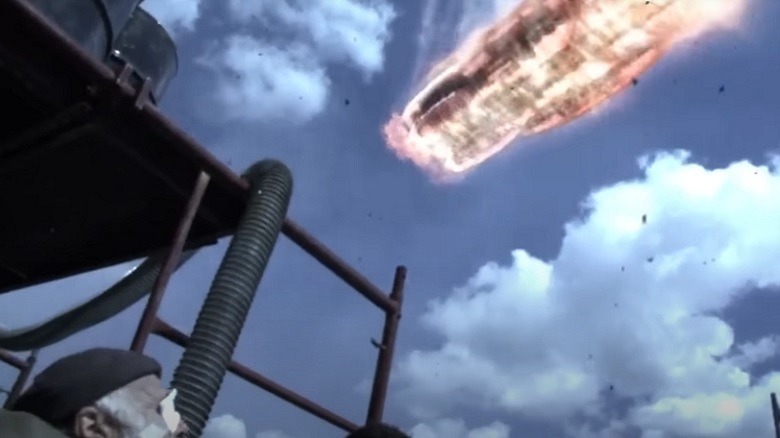 Battlestar Galactica's ship falls through New Caprica's skies