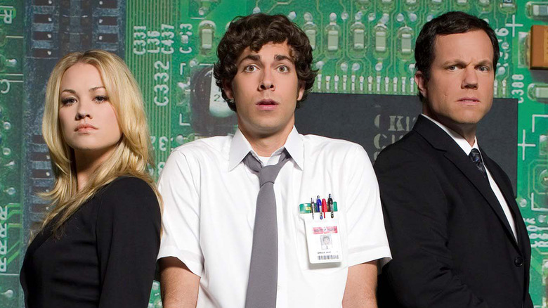 Yvonne Strahovski, Zachary Levi, and Adam Baldwin in "Chuck"