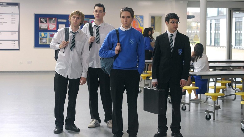 The cast of "The Inbetweeners" school uniforms