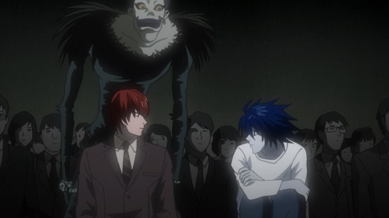 Ryuk, Light, and L curiously stare at each other