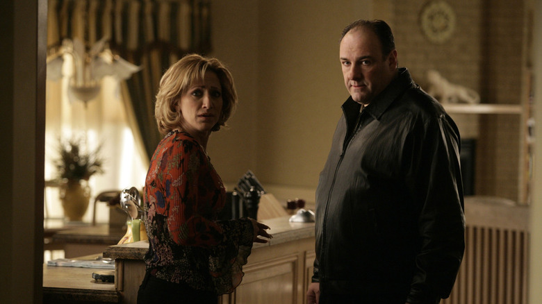 Carmela Soprano and Tony Soprano looking scared