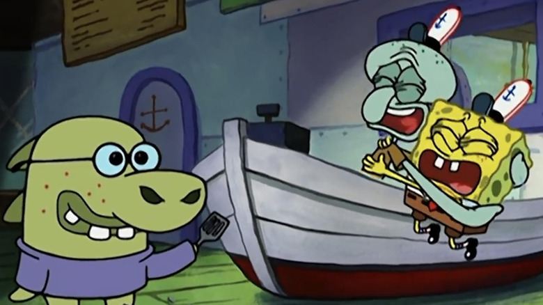 SpongeBob and Squidward crying at the Krusty Krab