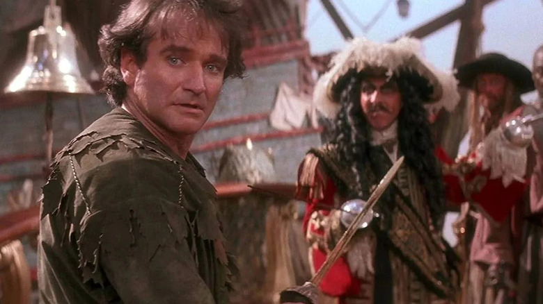 Robin Williams as Peter Pan confronts Dustin Hoffman as Hook in Hook