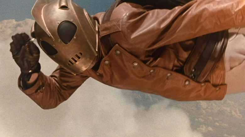 Billy Campbell as the Rocketeer soars through the sky in The Rocketeer