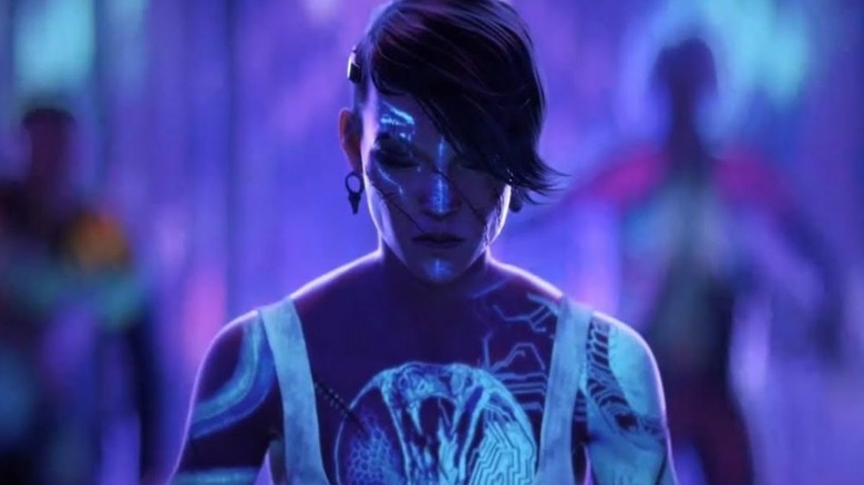 glowing cyberpunk woman tattoo Love Death Robots