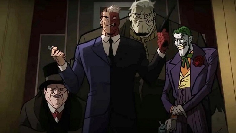 Mad Hatter, Two-face, Solomon Grundy and The Joker stare at the camera