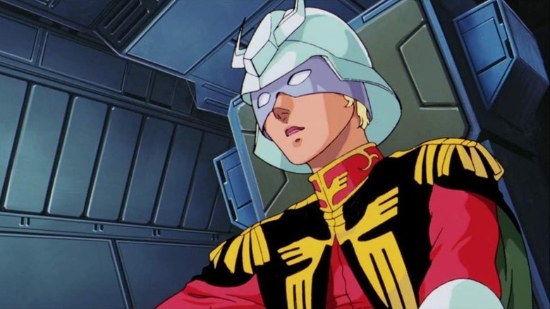 Char Aznable sits in his cockpit in Mobile Suit Gundam