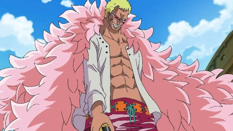 Donquixote Doflamingo grins while wearing a pink boa in One Piece