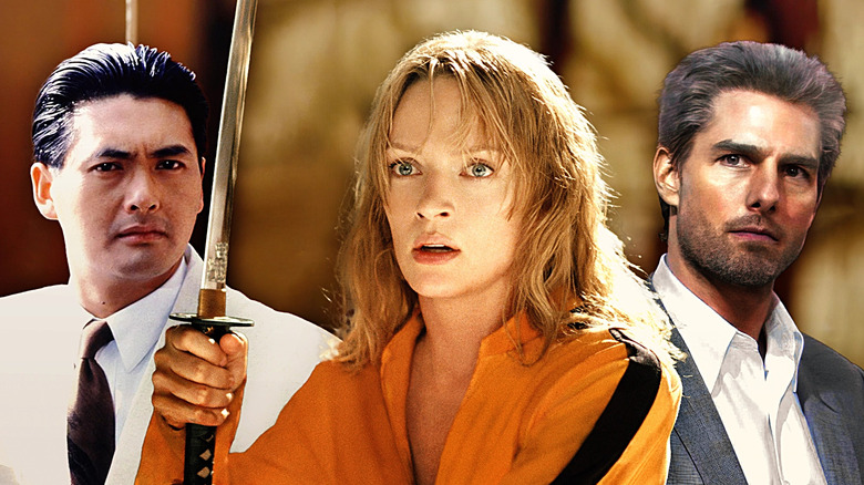 Chow Yun-fat as Ah Jong in The Killer, Uma Thurman as Beatrix Kiddo in Kill Bill Vol. 1, and Tom Cruise as Vincent in Collateral in a composite