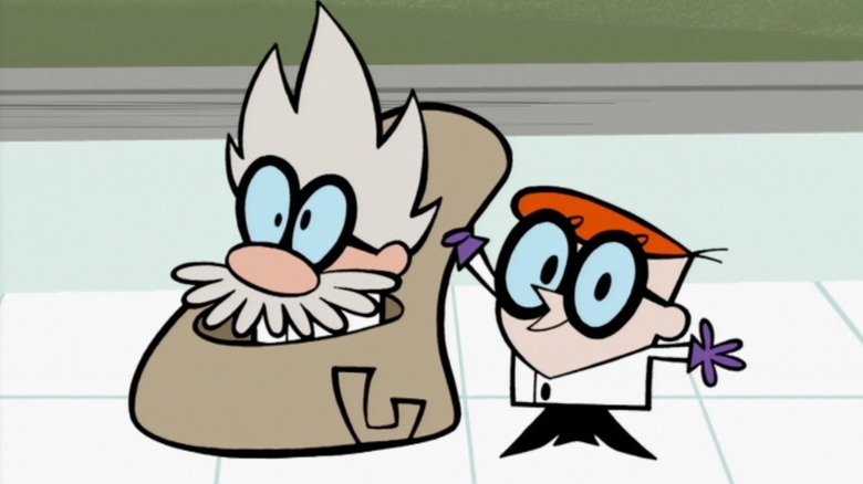 Dexter showing off his fake dad on Dexter's Laboratory