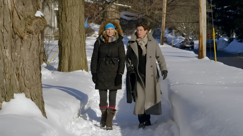 Duncan and Emma on snowy sidewalk