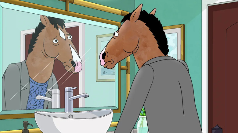 Bojack looking at himself in the mirror on "Bojack Horseman"