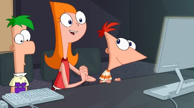 Ferb, Candace, and Phineas before computer monitor