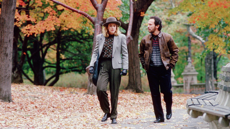 Harry and Sally walking through park in autumn in When Harry Met Sally