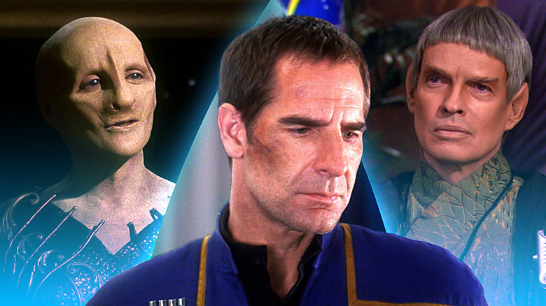 Collage of Archer (Scott Bakula) flanked by Soval (Gary Graham) and a Sphere Builder in Star Trek: Enterprise