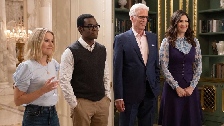 Kristen Bell, William Jackson Harper, Ted Danson, and D'Arcy Carden as Eleanor, Chidi, Michael, and Janet on The Good Place