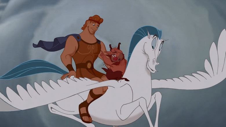 Hercules and Phil riding Pegasus in Disney's Hercules