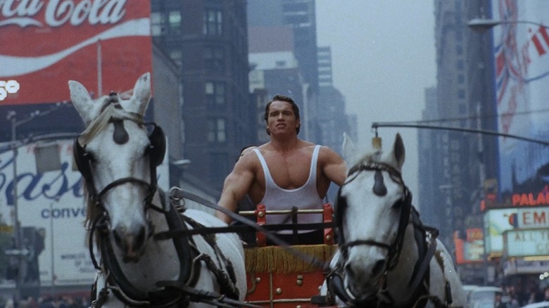 Arnold Schwarzenegger as Hercules in Hercules In New York rides a chariot through Times Square