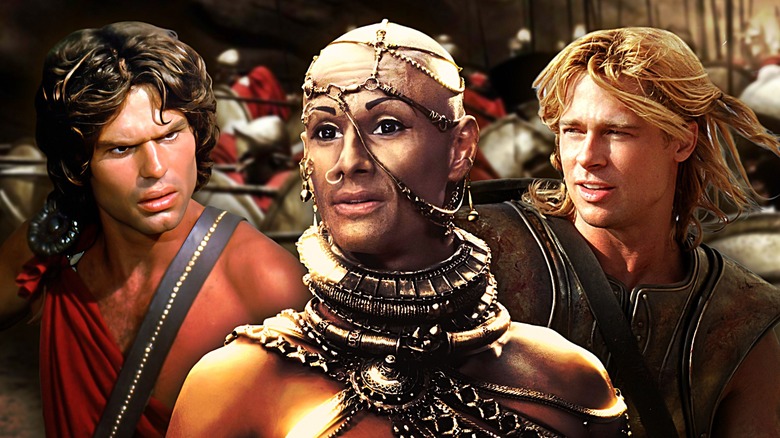 A composite image of Harry Hamlin in Clash of the Titans, Rodrigo Santoro in 300, and Brad Pitt in Troy