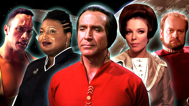 Collage of Dwayne Johnson in Star Trek: Voyager, Stacey Abrams in Star Trek: Discovery, Ricardo Montalban in Star Trek: The Original Series, Joan Collins in Star Trek: The Original Series, and Kelsey Grammer in Star Trek: The Next Generation