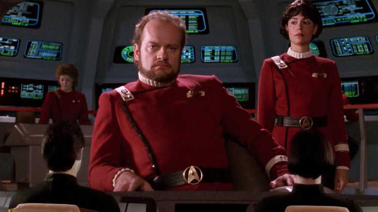 Captain Batesman (Kelsey Grammer) addresses the Enterprise on Star Trek: The Next Generation