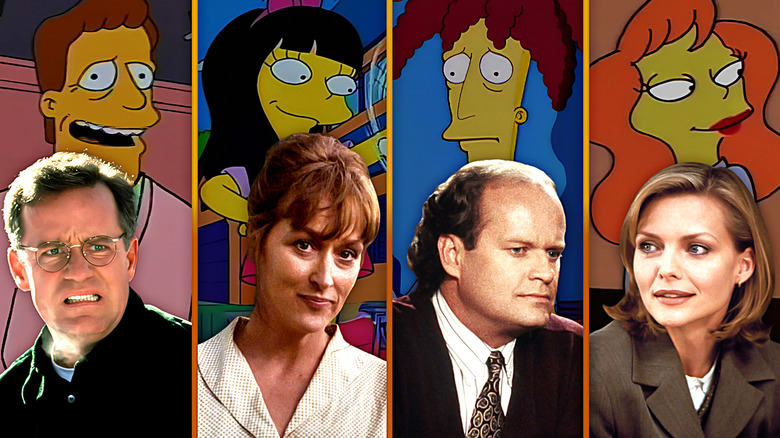 Phil Hartman, Meryl Streep, Kelsey Grammer, and Michelle Pfeiffer next to their Simpsons characters