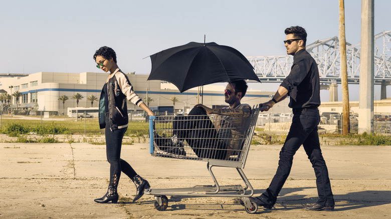 Preacher's Dominic Cooper and Ruth Negga with Joe Gilgun in cart