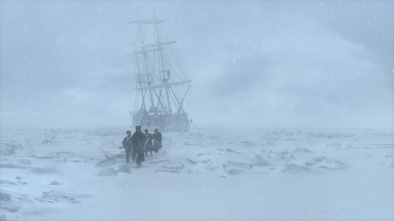 The Terror's Sailors with ship stuck in ice