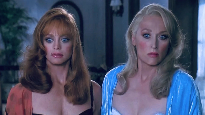 Goldie Hawn as Helen and Meryl Streep as Madeline staring in shock in Death Becomes Her