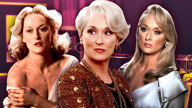 Collage of Meryl Streep in Sophie's Choice, The Devil Wears Prada, and Death Becomes Her