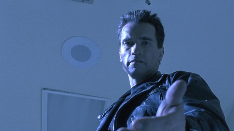 In Terminator 2, the T-100 (Arnold Schwarzenegger) offers his hand to an unseen Sarah Connor