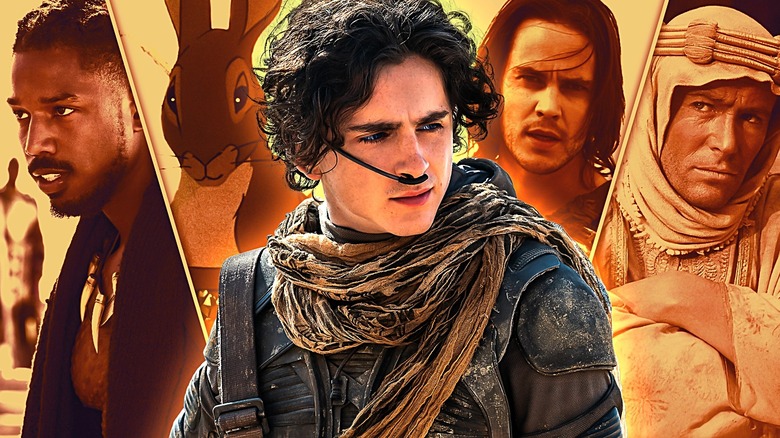 Timothee Chalamet's Paul Atreides in Dune, alongside Michael B. Jordan's Killmonger from Black Panther, Hazel the rabbit in Watership Down, Taylor Kitsch as John Carter, and Peter O'Toole as Lawrence of Arabia.