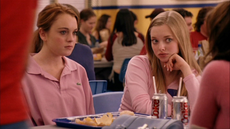 Lindsey Lohan and Amanda Seyfried as Cady and Karen wearing pink in Mean Girls