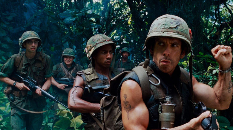 Jay Baruchel, Jack Black, Brandon T. Jackson, Robert Downey Jr., and Ben Stiller as Sandusky, Portnoy, Alpa, Lazarus, and Speedman in Tropic Thunder.