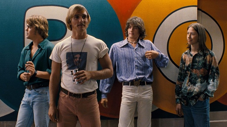 Matthew McConaughey as David Woodson stands next to Don Dawson as Sasha Jenson, Jason London as Randall Floyd, and Mitch Kramer as Wiley Wiggins in Dazed and Confused