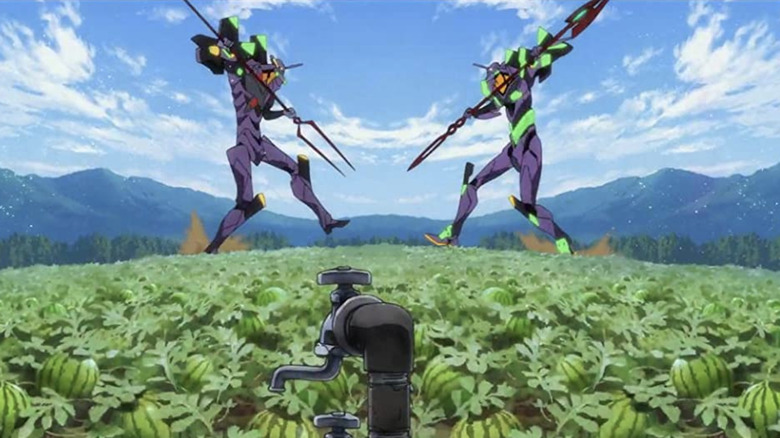 Two EVAs facing off in a field