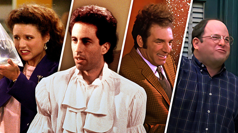 A collage of Elaine Benes (Julia Louis-Dreyfus), Jerry Seinfeld (Jerry Seinfeld), Cosmo Kramer (Michael Richards), and George Costanza (Jason Alexander) in Seinfeld