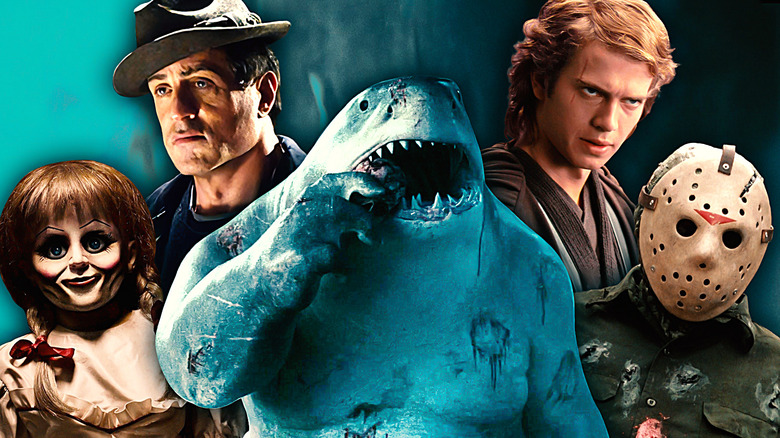 King Shark surrounded by Annabelle, Rocky Balboa, Anakin Skywalker, and Jason Voorhees