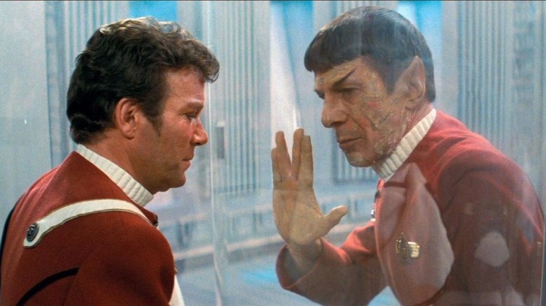 Spock giving Vulcan salute to Kirk behind glass in Star Trek II: The Wrath of Khan