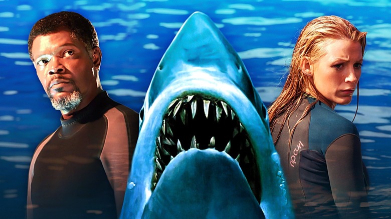 A composite image showing Samuel L Jackson in Deep Blue Sea, the shark from the Jaws poster, and Blake Lively in The Shallows