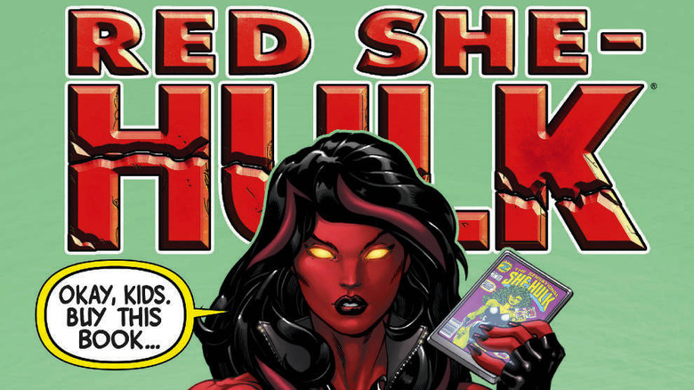 Red She-Hulk holding comic book