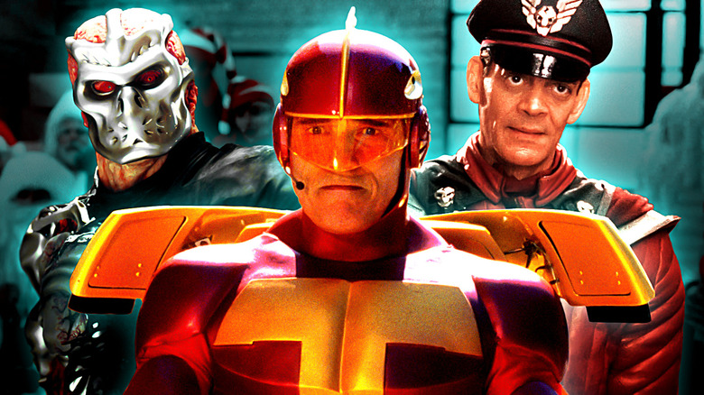 Kane Hodder as Jason Voorhees, Arnold Schwarzenegger as Turbo Man, and Raul Julia as M. Bison in a composite image