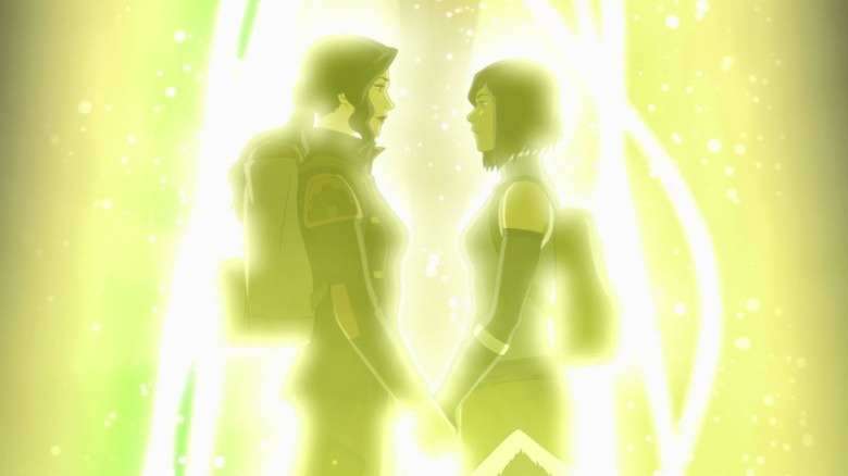 Asami and Korra holding hands