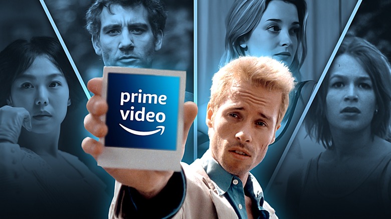 Guy Pearce as Leonard from Memento holding an instant photo with the Prime Video logo in front of Kim Min-hee as Hideko from The Handmaiden, Clive Owen as Theo from Children of Men, Emily Foxler as Emily from Coherence, and Franka Potente as Lola from Run Lola Run