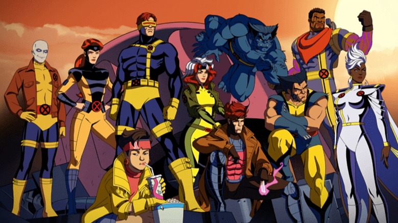 Morph, Jean Grey, Cyclops, Jubilee, Rogue, Gambit, Beast, Wolverine, Bishop, and Storm in X-Men '97