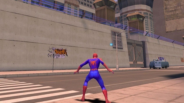 Spiderman stands outside a prison