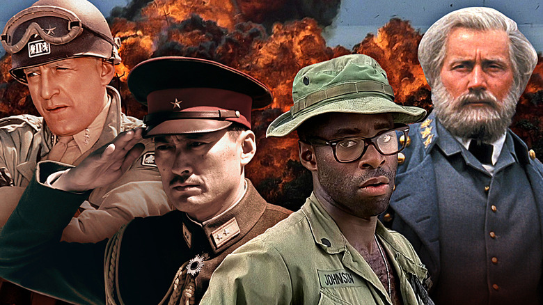 Collage of General Patton from Patton, General Kuribayashi from Letters from Iwo Jima, Doc from Hamburger Hill, and General Lee from Gettysburg