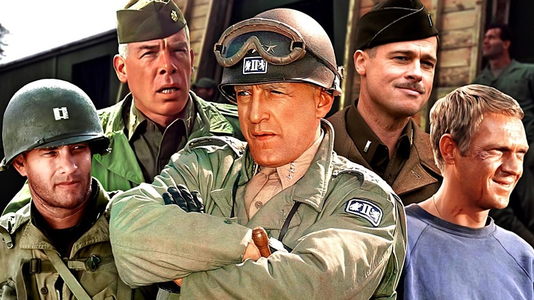 George C. Scott as Patton, Tom Hanks in Saving Private Ryan, Steve McQueen in The Great Escape, Brad Pitt in Inglourious Basterds, and Lee Marvin in The Dirty Dozen.