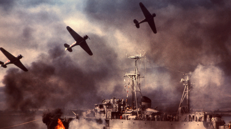 Japanese planes bombing ships at Pearl Harbor in Tora Tora Tora